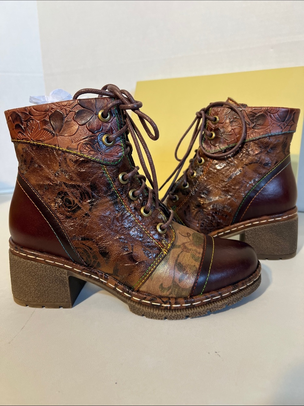 L'Artiste by Spring Step Brown Floral Embossed Leather Lace-Up Boot - Picture 3 of 16